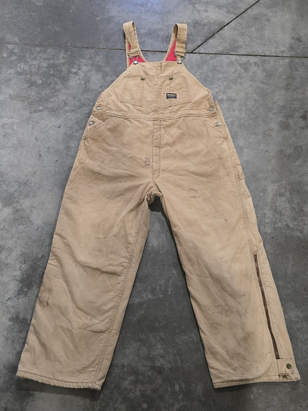 Vintage Mens OshKosh B'gosh Tan Cargo Overalls with Red Lining